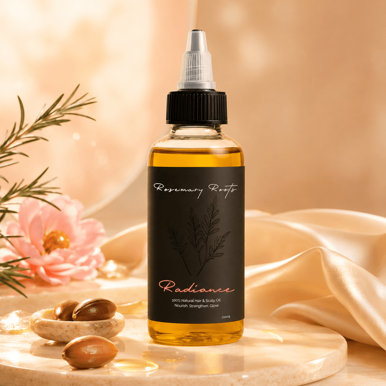 Radiance hair oil in a luminous silk setting
