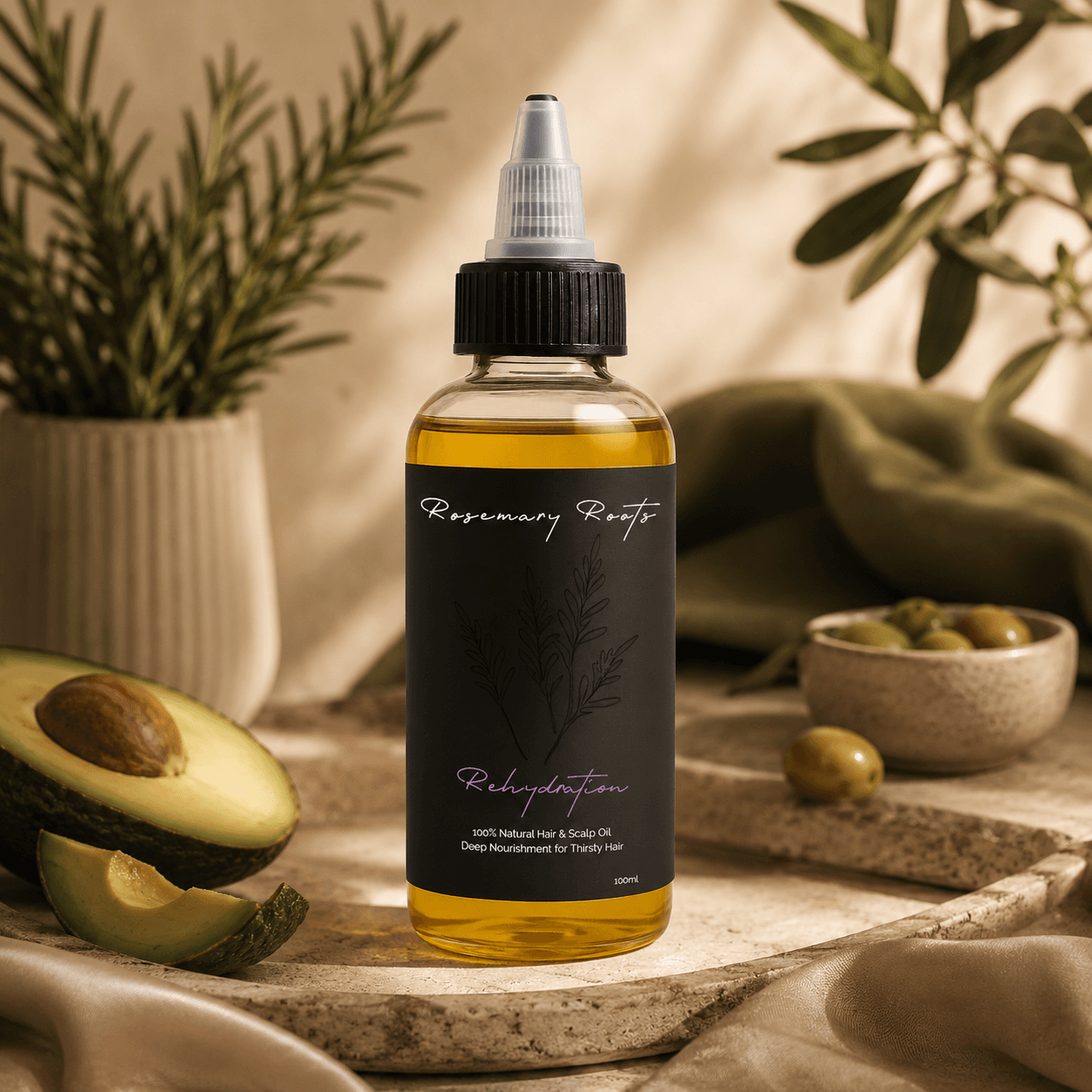 Rehydration hair oil surrounded by nourishing ingredients