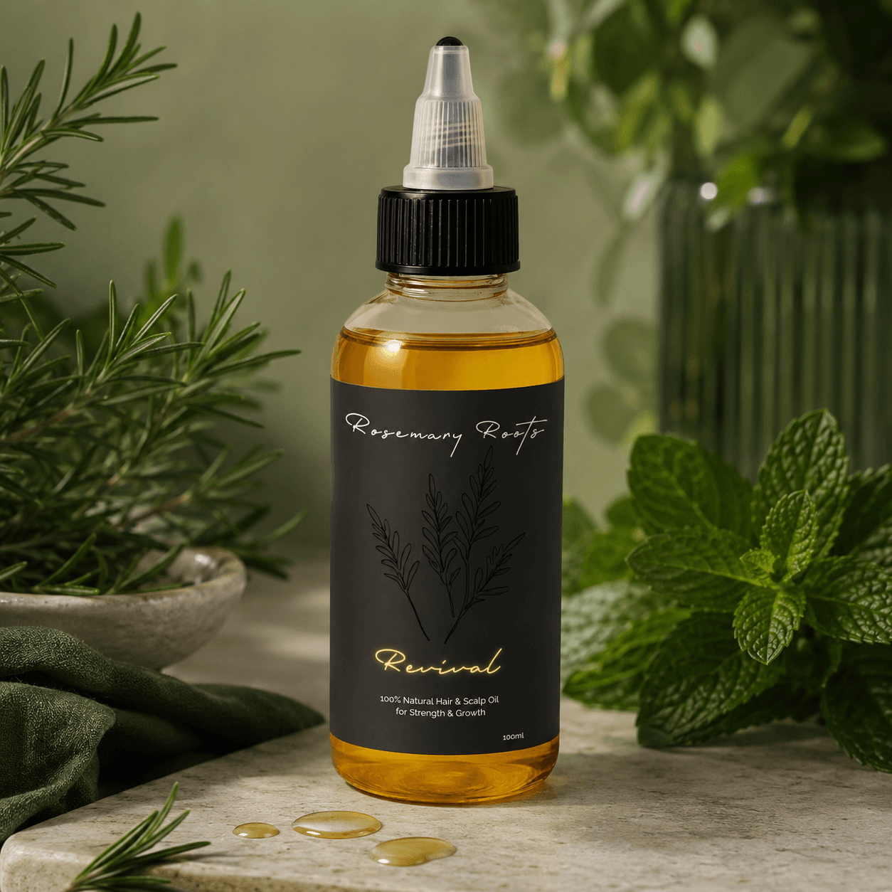 Revival hair oil in a warm botanical setting