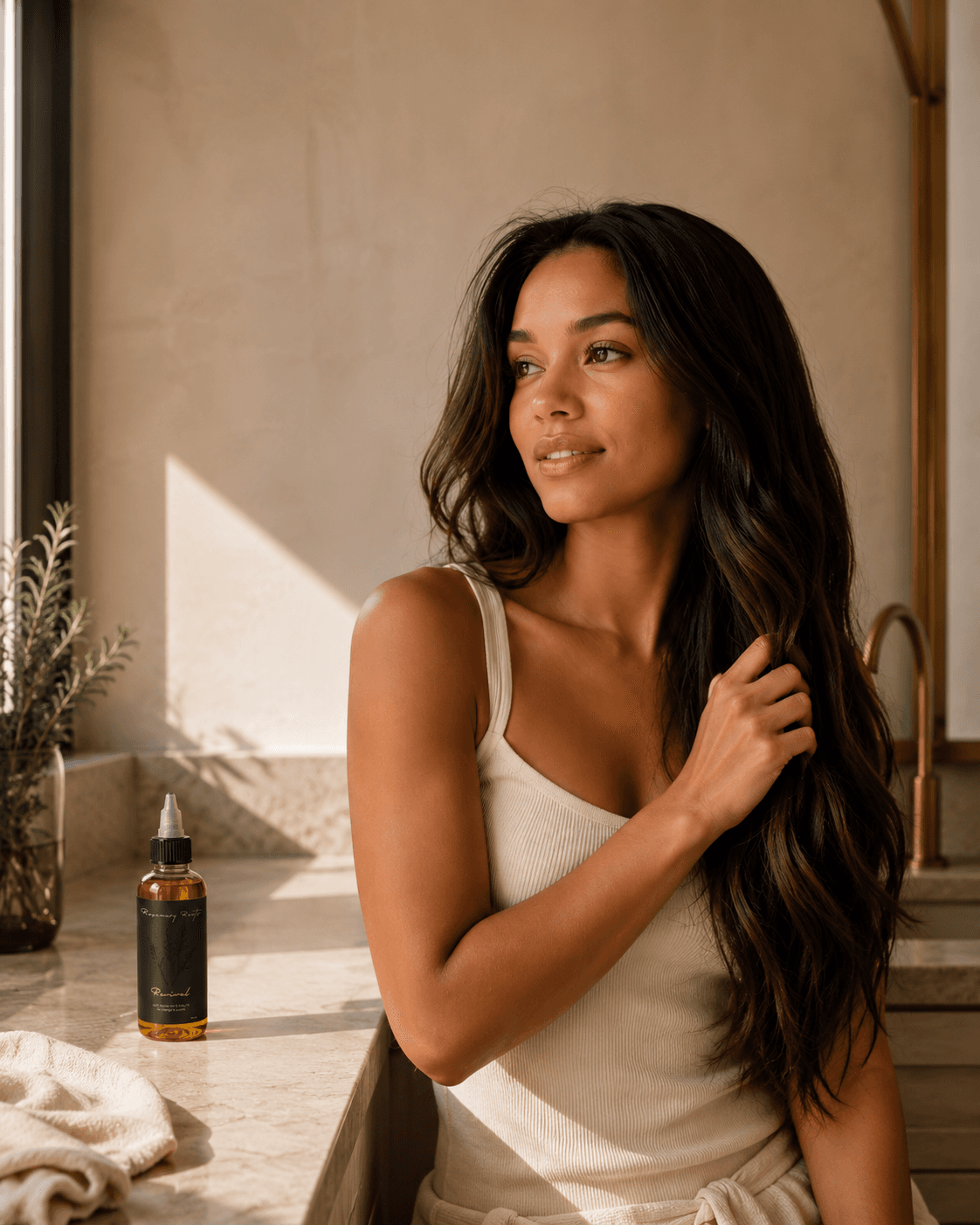 Model applying Rosemary Roots hair oil through her lengths
