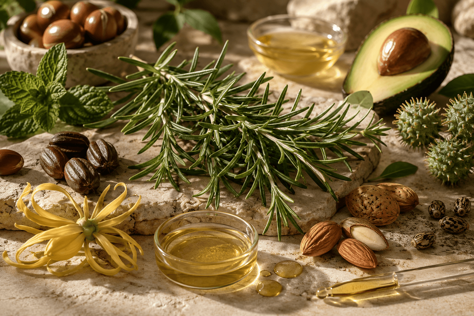 Rosemary and botanical ingredient still life