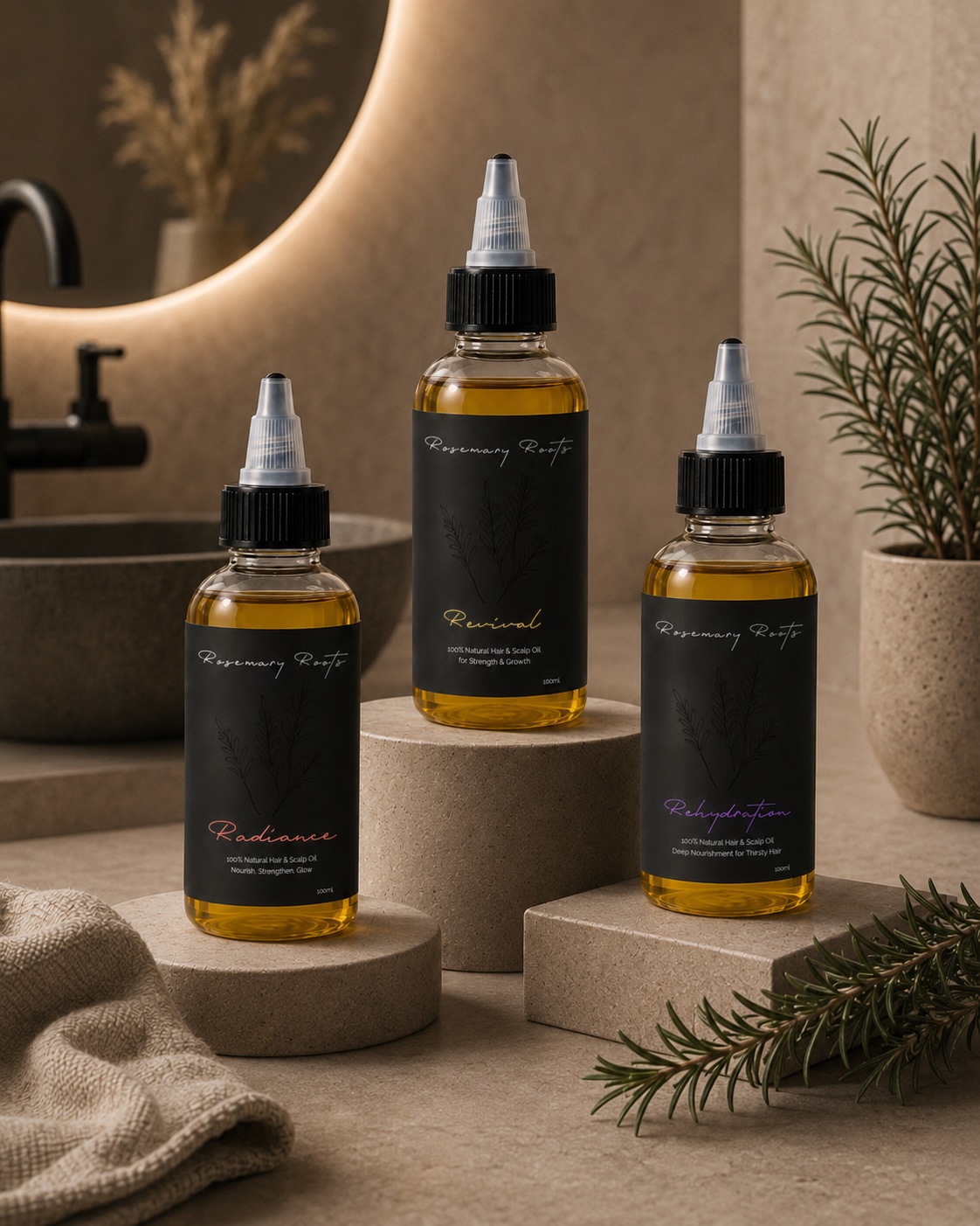 Revival, Rehydration and Radiance Rosemary Roots hair oils